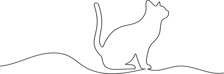 Continuous black line illustration of a walking cat on white background in simple vector design
