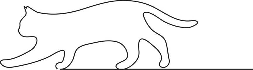 Continuous black line illustration of a walking cat on white background in simple vector design