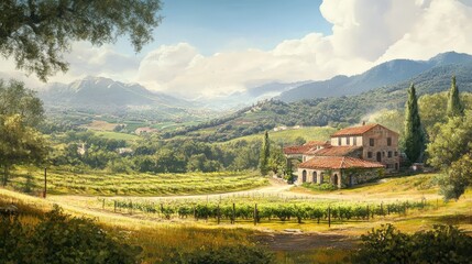 Obraz premium Picturesque countryside estate nestled within a valley.