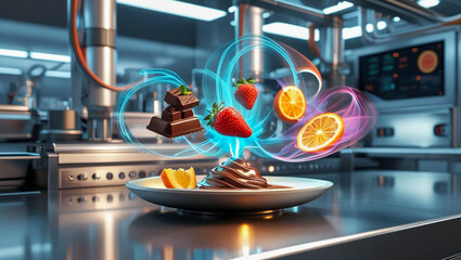 A futuristic kitchen scene showcasing a plate of chocolate dessert with floating fruit and chocolate.