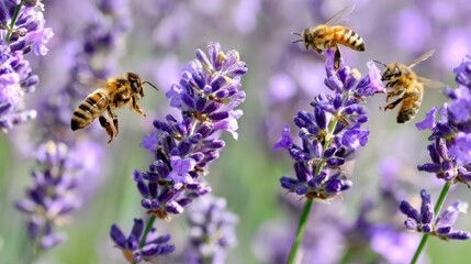Honeybees flitting amongst vibrant lavender blossoms.