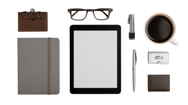 Organized minimalist workspace setup with tablet on transparent background

