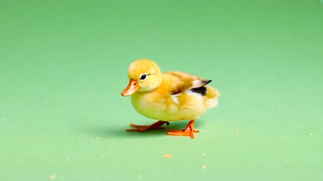 Small, yellow duckling waddling and hopping playfully on a flat, solid green background.