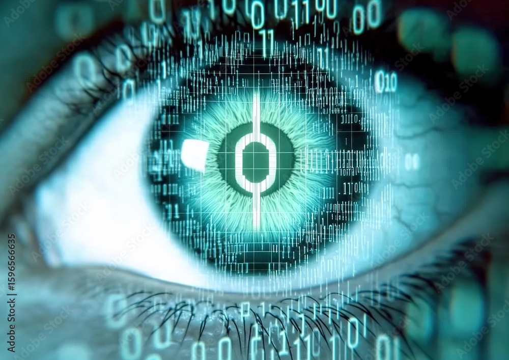 Aufkleber close-up eye with letter o iris surrounded by binary code, cybersecurity concept in blue-green gradi