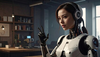Cute female cyborg is looking directly to camera and showing something with her hand, Generative AI
