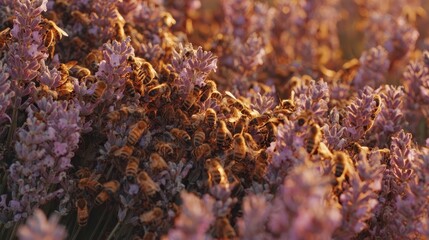 Honeybees clustered on lavender blossoms in the golden light of sunset.
