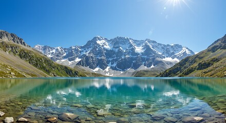 Turquoise Alpine Lake Reflecting Snowy Mountain Under Bright Sunny Sky