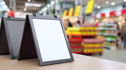 Blank White Signs on Tabletop in Supermarket