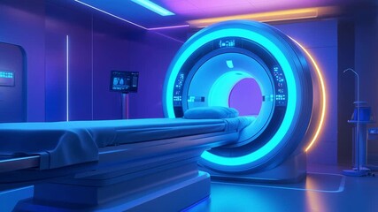 Interior of a contemporary medical facility featuring a fully equipped MRI machine with ambient blue lighting