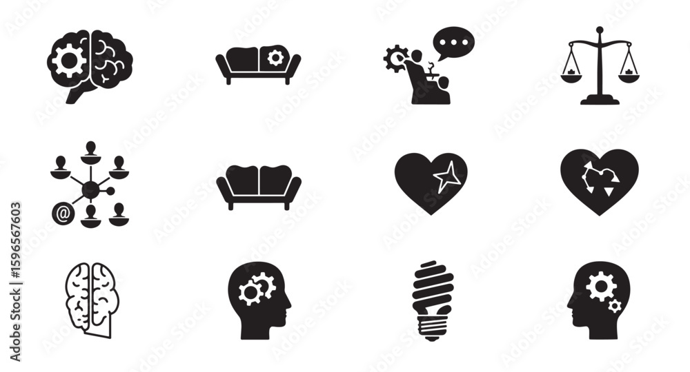 Poster abstract black icon set depicting brain ideas communication and relationships in design
