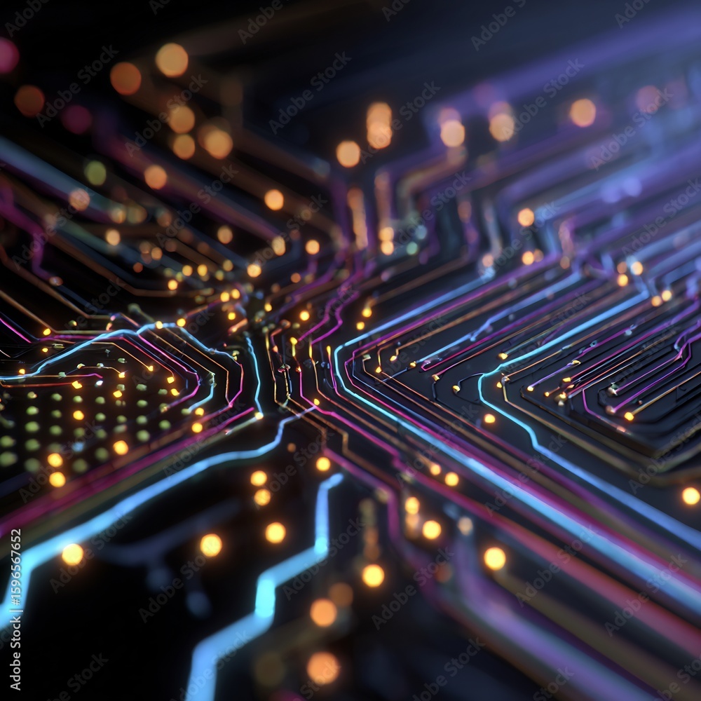 Poster abstract motherboard circuitry with glowing nodes and vibrant data pathways