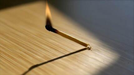 A burning match on a light brown surface.