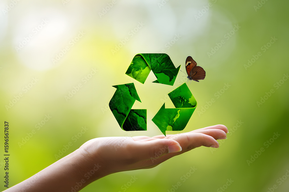 Poster recycling symbol held in hand with a butterfly perched on it against a soft green bokeh background i