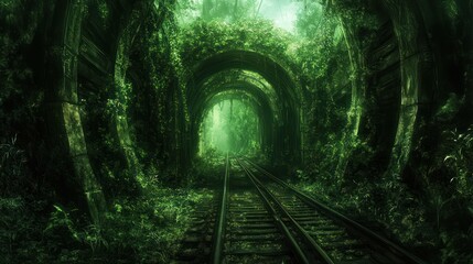 Overgrown train tunnel lush green vegetation dark mysterious atmosphere nature photography stock image