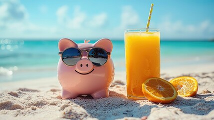 Pink Piggy Bank with Sunglasses on Beach Vacation Featuring Orange Juice and Ocean Sky Backdrop