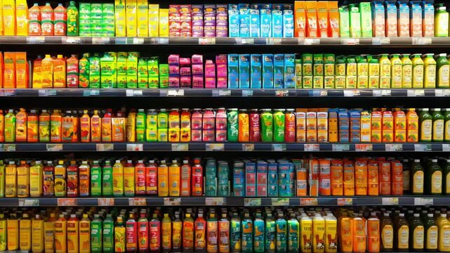Juice bottles arranged neatly on shelves in a supermarket, featuring diverse flavors and vibrant packaging