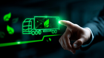 Glowing green holographic truck with eco delivery routes in a high-tech data center. Green energy flows and leaf icons visualize sustainable digital logistics. Clean, high-detail visual.