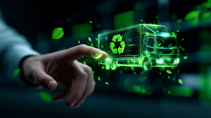 Glowing green holographic truck with eco delivery routes in a high-tech data center. Green energy flows and leaf icons visualize sustainable digital logistics. Clean, high-detail visual.