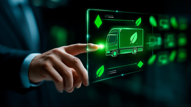 Glowing green holographic truck with eco delivery routes in a high-tech data center. Green energy flows and leaf icons visualize sustainable digital logistics. Clean, high-detail visual. - Powered by Adobe