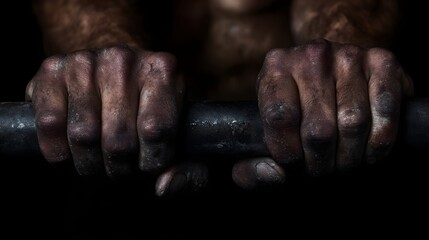 Fototapeta premium Calloused hands gripping a pull up bar with intense focus