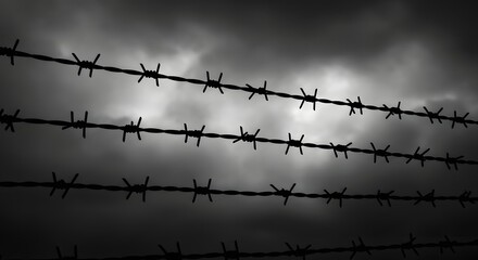 Ominous Barbed Wire Silhouettes Against a Stormy Sky, Dark and Foreboding