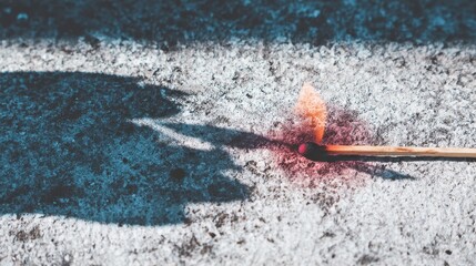 A burning match on a textured surface.
