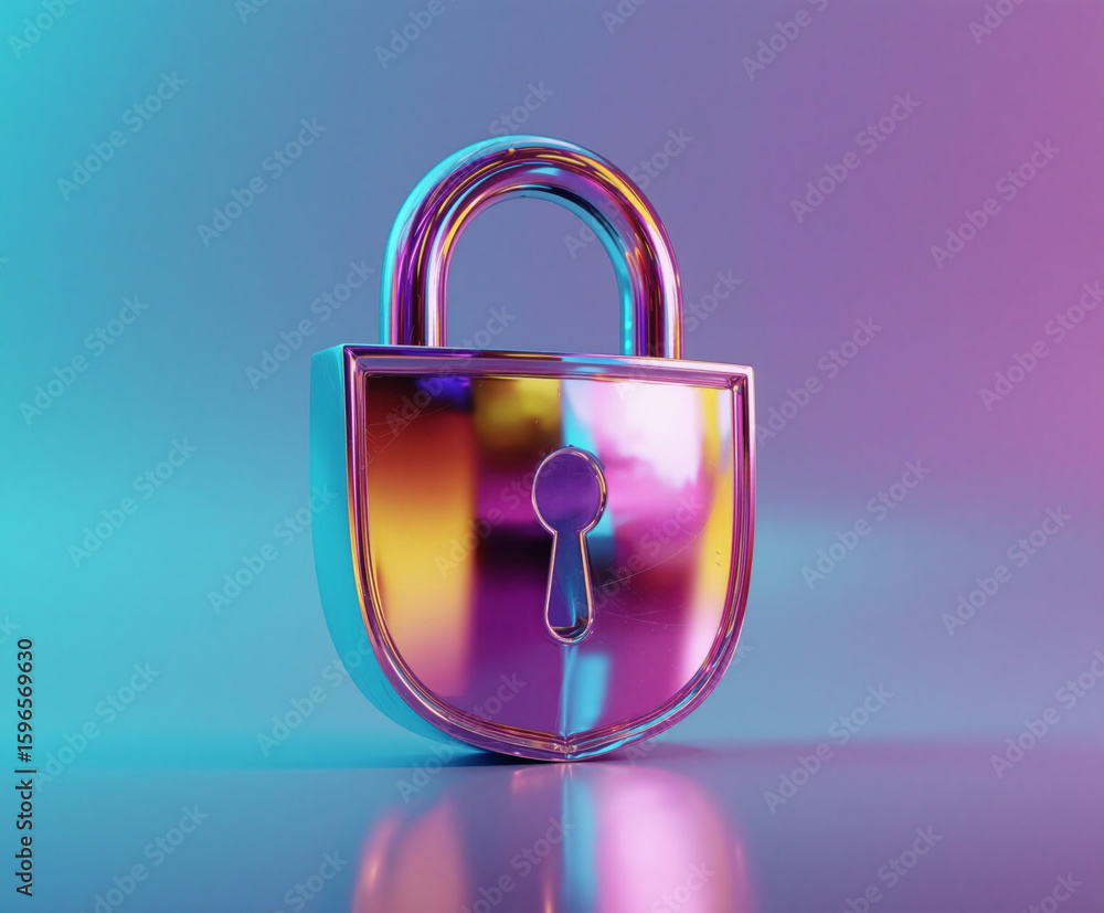 Poster privacy protection symbolized by a colorful digital lock on a smooth gradient background
