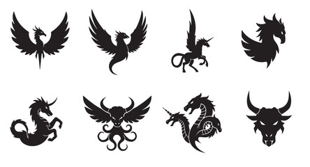 Black silhouette fantasy creatures icons collection on white background vector illustration