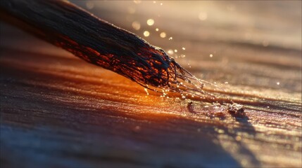 Close-up of a piece of wood with a textured surface illuminated by sunlight.