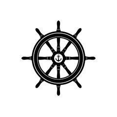 Obraz premium Black and white vector icon illustration of an elegant ship's steering wheel with an anchor in the center. 