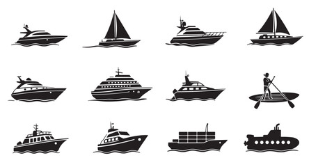 Collection of black and white boat illustrations depicting different watercraft and paddle boarding