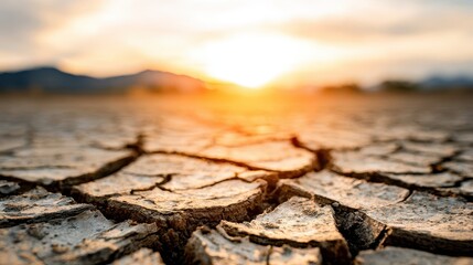 Close-up view of cracked earth at sunset.