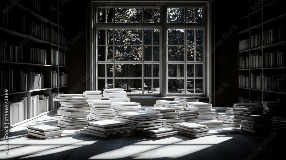Poster sunlit library stacks; books piled high; window view; quiet study; education