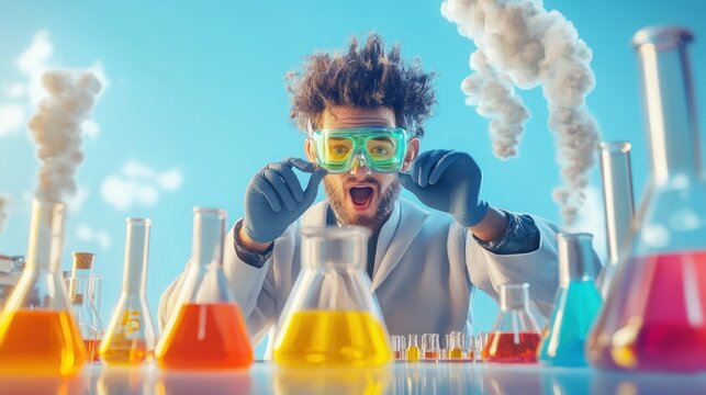 Excited scientist lab experiment discovery colorful chemicals