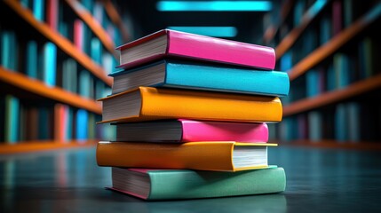 Colorful books stacked in library; education, knowledge, reading