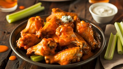 A plate of spicy buffalo wings with celery sticks and blue cheese dressing.
