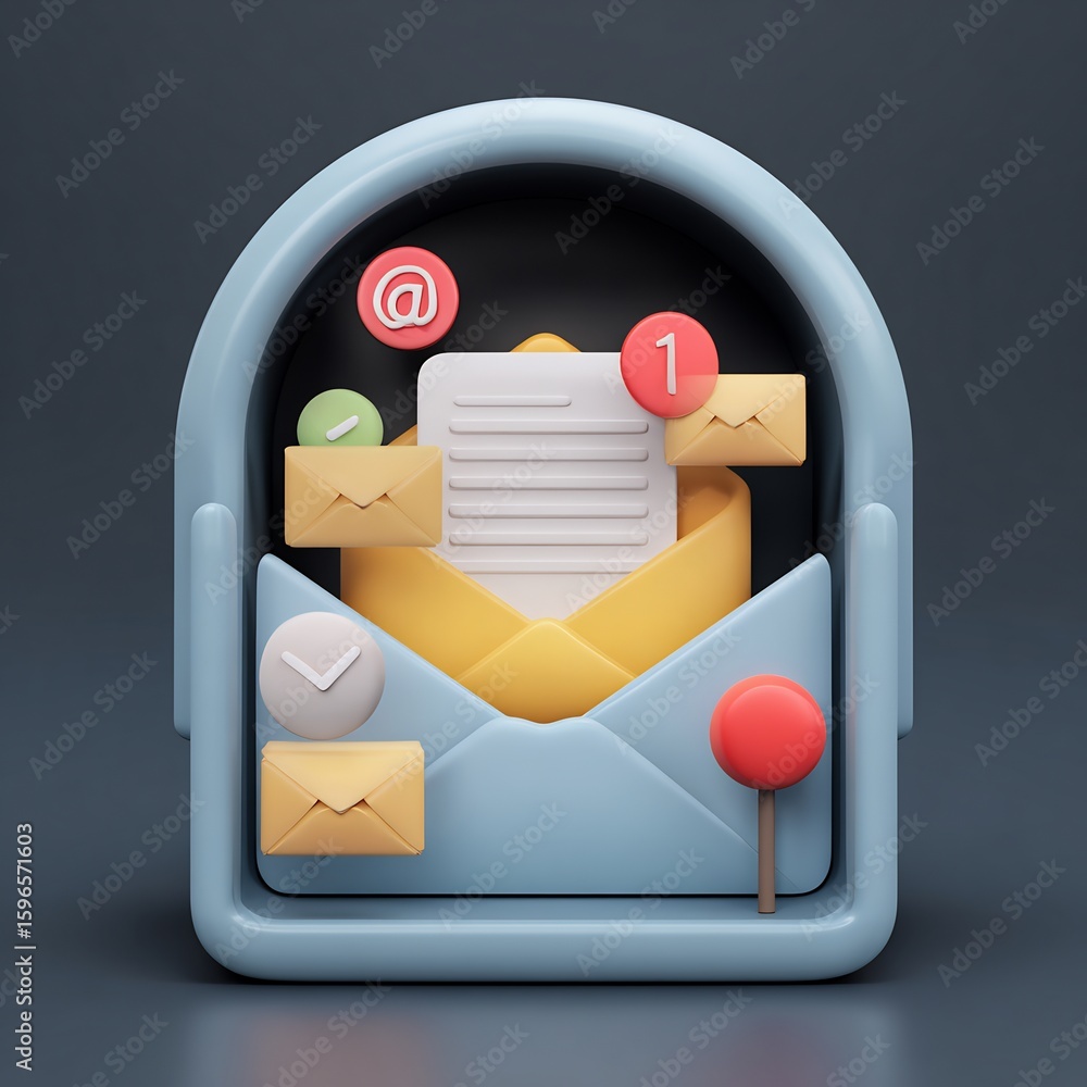 Fototapete stylized 3d rendering of an inbox overflowing with mail, signals communication