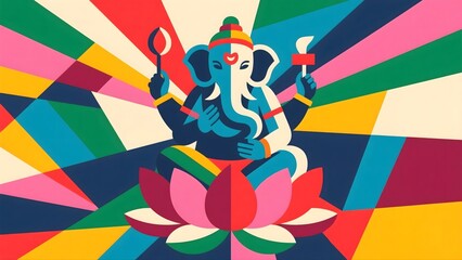 Vibrant Abstract Art Illustration of Lord Ganesha Surrounded by Colorful Radiating Patterns