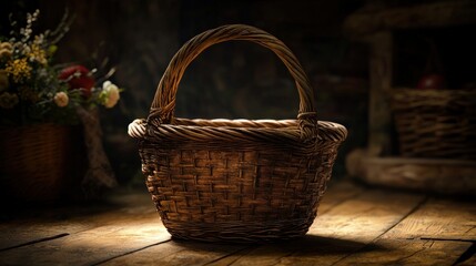 Empty wicker basket on rustic wooden table, flowers in background, still life photography, ideal for food blogs
