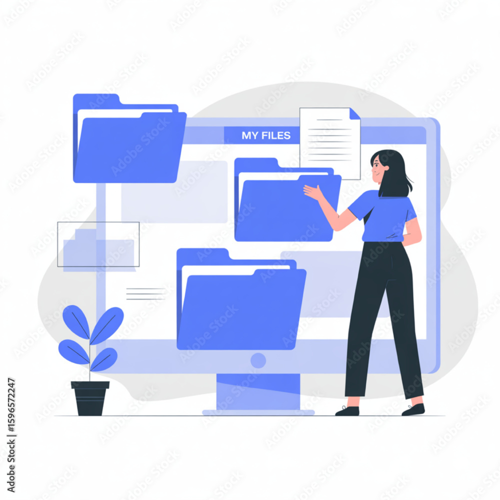 Poster organized woman managing digital files on modern computer for data management project, showcasing ef