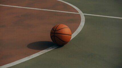 An orange basketball rests on a weathered outdoor court, its shadow stretching across the painted lines in the sunlight