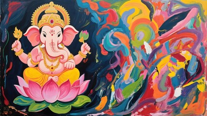 Vibrant Abstract Painting of Ganesha Surrounded by Colorful Swirls and Lotus Flower
