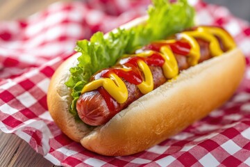 Delicious classic american hot dog with ketchup, mustard and lettuce is laying on red and white checkered napkin on wooden table, representing traditional american cuisine