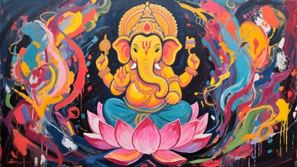 Vibrant Colorful Painting of Lord Ganesha Sitting on Lotus with Abstract Background