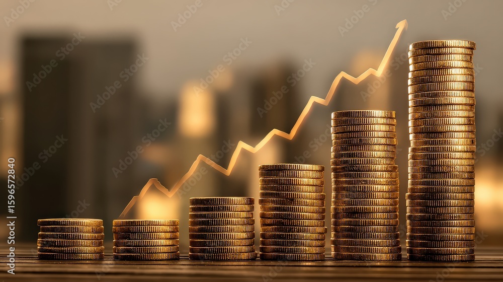 Poster stacks of gold coins arranged in ascending order with a rising arrow graph symbolizing financial gro