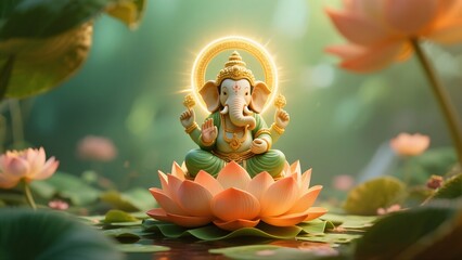 Vibrant Green Ganesha Statue Adorned with Gold Accessories Sitting on Pink Lotus Blossom