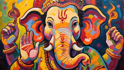Vibrant Elephant Painting in Colorful Abstract Design with Intricate Patterns