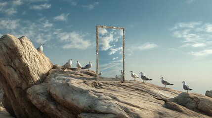 Seabirds on Rocky Coast with Open Doorway Reflecting Sky and Clouds Scenery