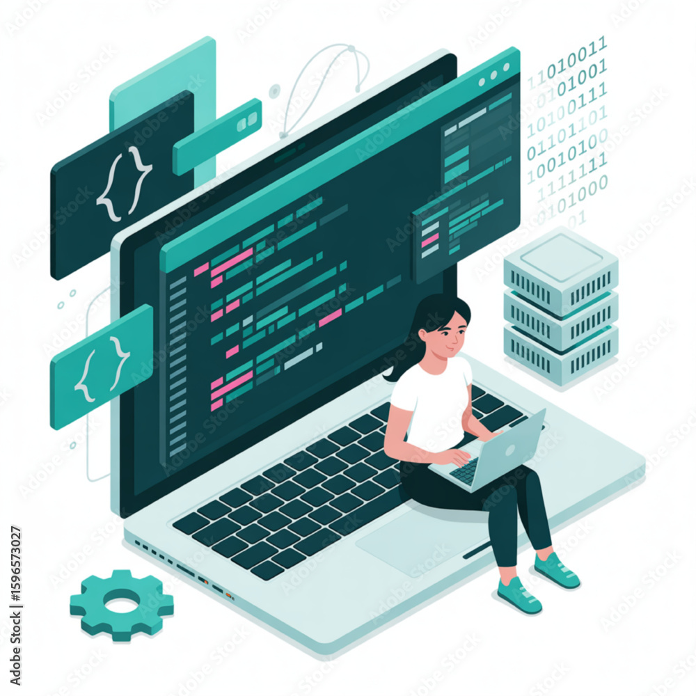 Poster empowered female coder working on a laptop, designing cutting-edge software in a modern tech environ