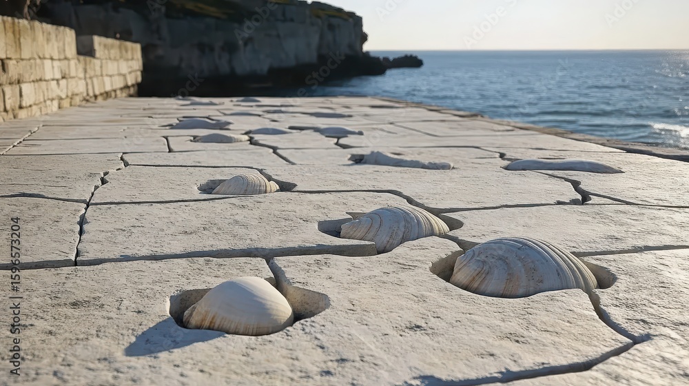 Poster smooth stone pathway with shells leading to calm ocean view